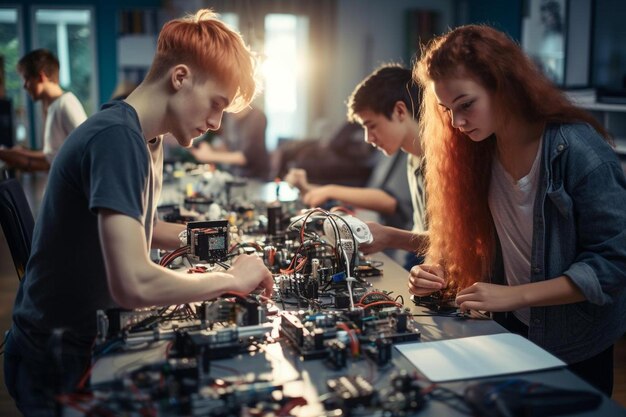 un grupo de niños trabajando en un robot con un robot en el fondo