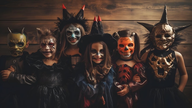 Un grupo de niños vestidos con disfraces de Halloween IA generativa