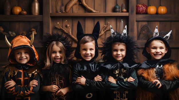 Un grupo de niños vestidos con disfraces de Halloween IA generativa