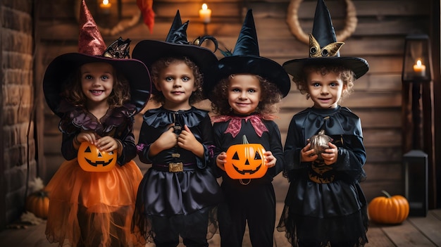 Un grupo de niños vestidos con disfraces de Halloween IA generativa