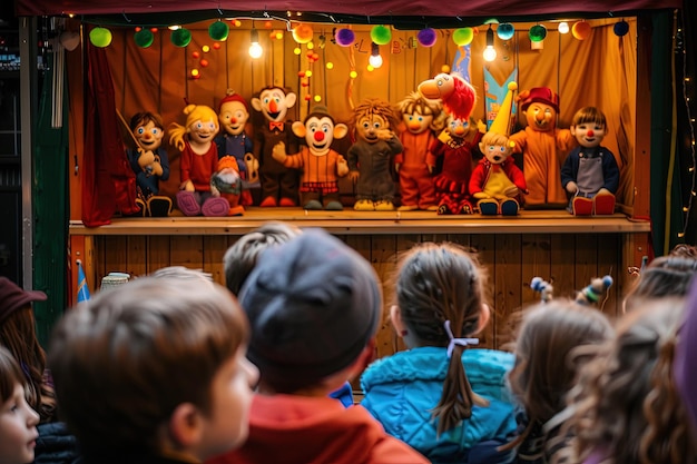 Foto un grupo de niños viendo un espectáculo de marionetas