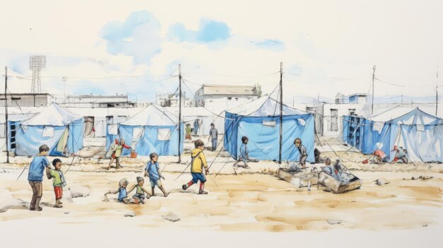 Foto un grupo de niños vive en un campo de refugiados.