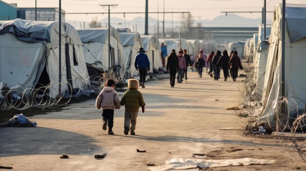 Foto un grupo de niños vive en un campo de refugiados.