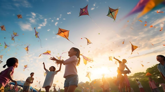 Un grupo de niños volando cometas en un festival.