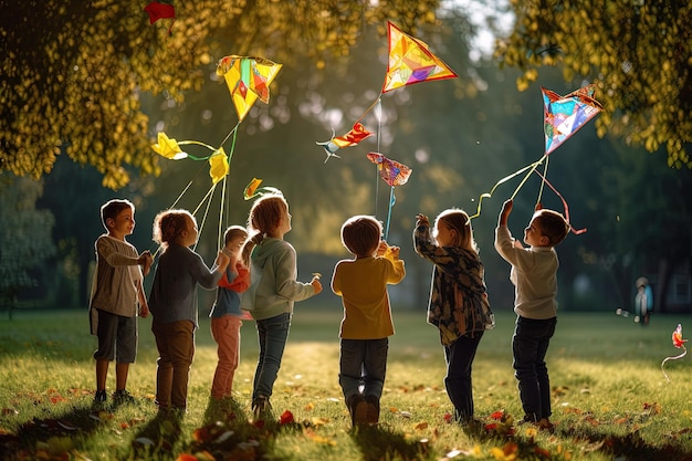 Un grupo de niños volando cometas en un parque