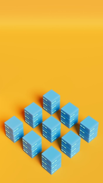 Grupo de nueve servidores de bases de datos dispuestos en filas y columnas en el escenario naranja ilustración 3d