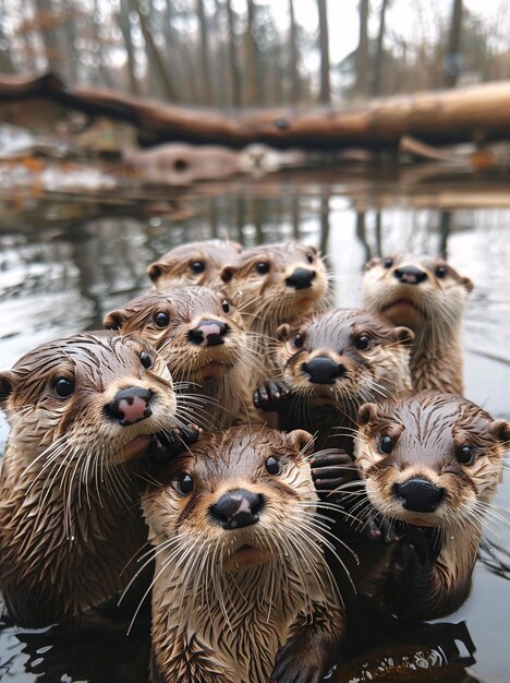 Foto un grupo de nutrias en el agua