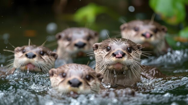 Un grupo de nutrias asiáticas húmedas de garras pequeñas nadando en el agua