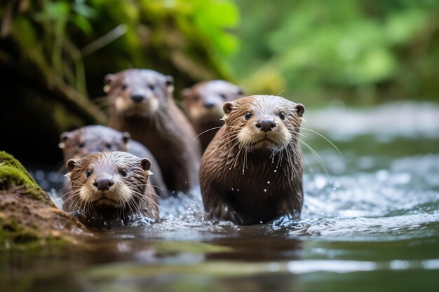 Foto un grupo de nutrias juguetonas nadando en el río