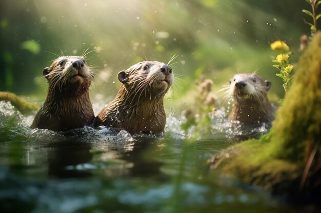 Foto un grupo de nutrias juguetonas nadando en el río