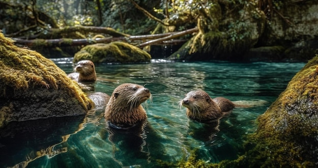 Un grupo de nutrias marinas nadan en un río.