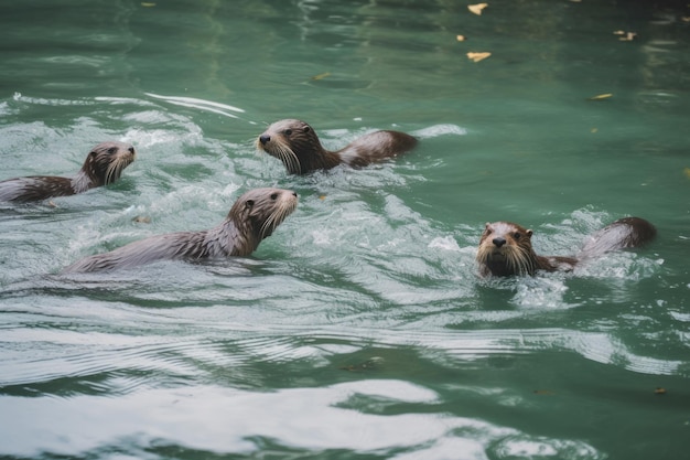 Un grupo de nutrias nada en un río.