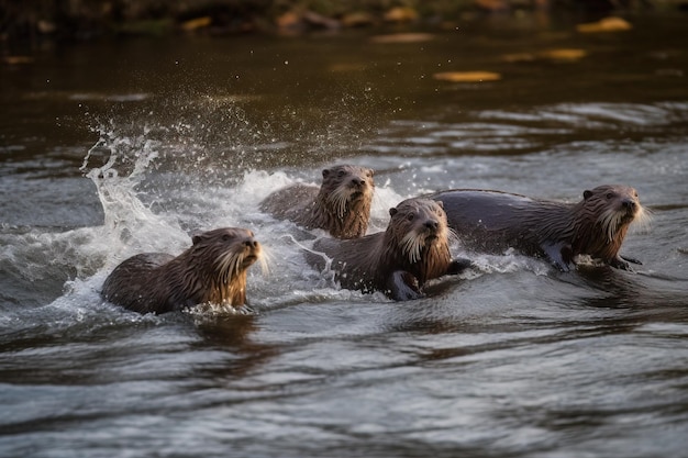 Un grupo de nutrias persiguiendo peces en un río.