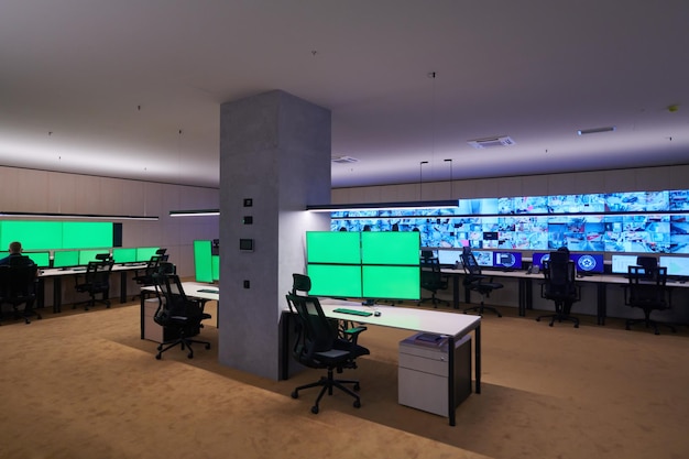 Grupo de operadores de centros de datos de seguridad que trabajan en una sala de monitoreo de CCTV mirando varios monitores Oficiales que monitorean múltiples pantallas para actividades sospechosas Equipo que trabaja en el sistema Contr