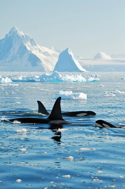 Foto un grupo de orcas nadando en medio de icebergs en el ártico