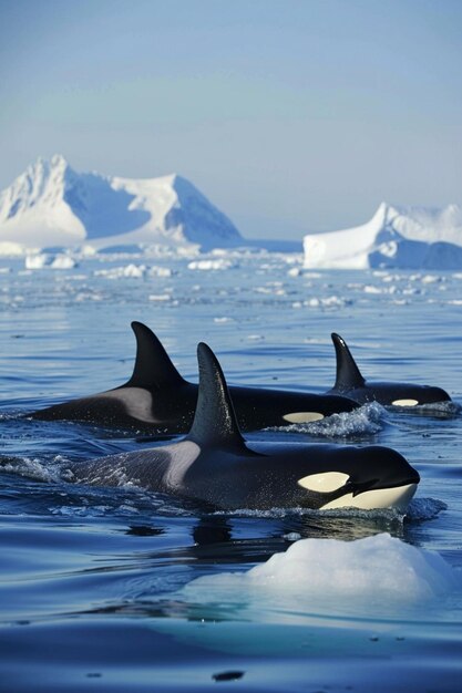 Foto un grupo de orcas nadando en medio de icebergs en el ártico