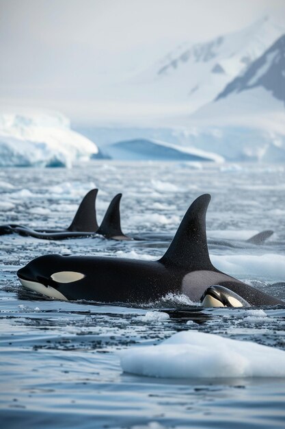 un grupo de orcas nadando en medio de icebergs en el Ártico