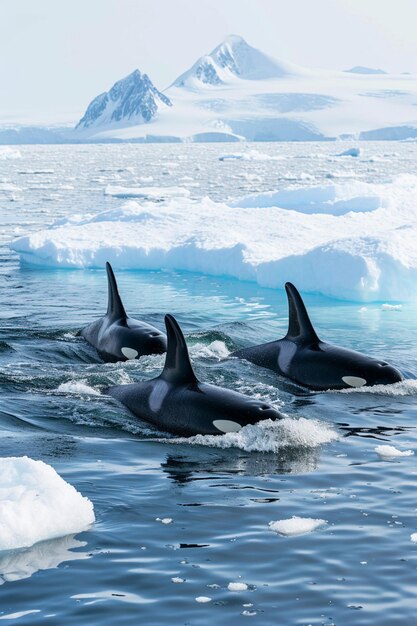 un grupo de orcas nadando en medio de icebergs en el Ártico