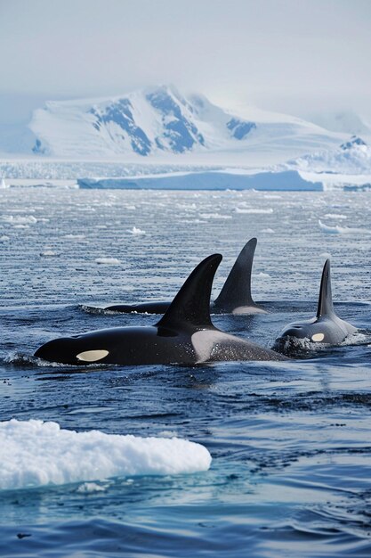 un grupo de orcas nadando en medio de icebergs en el Ártico