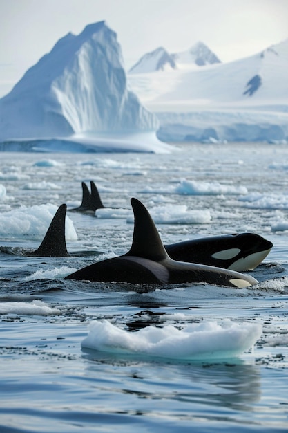 un grupo de orcas nadando en medio de icebergs en el Ártico