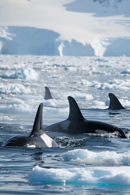 un grupo de orcas nadando en medio de icebergs en el Ártico