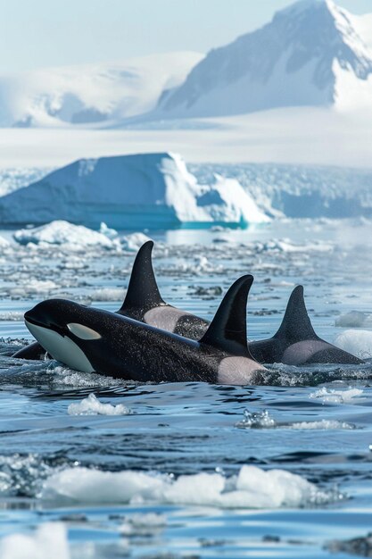 un grupo de orcas nadando en medio de icebergs en el Ártico