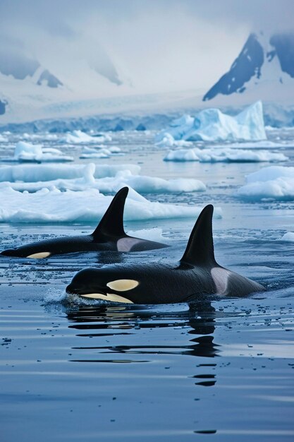 un grupo de orcas nadando en medio de icebergs en el Ártico