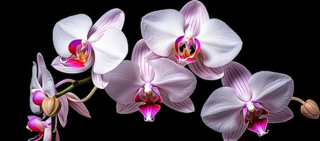 Grupo de orquídeas rosas y blancas sobre un fondo negro