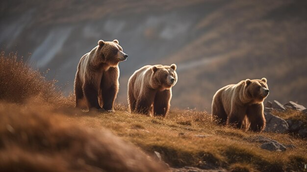 Un grupo de osos camina sobre una colina.