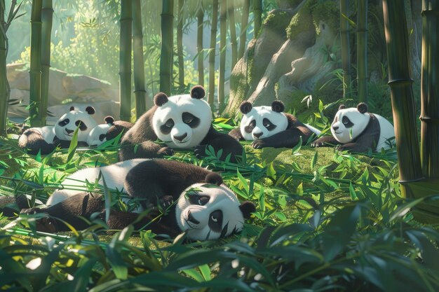 Foto un grupo de osos panda acostados en lo alto de un campo verde exuberante