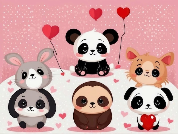 un grupo de osos panda y otros animales con corazones en el aire