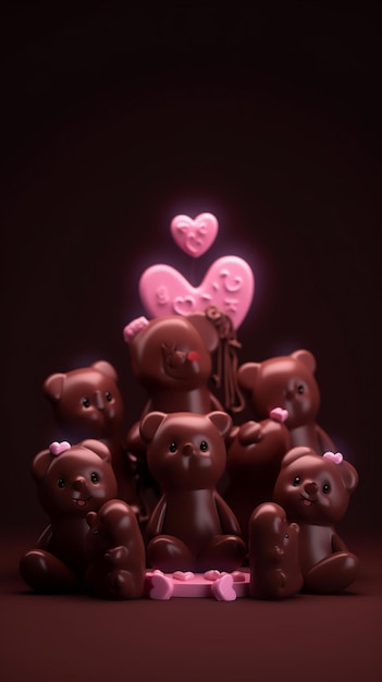 Un grupo de osos de peluche de chocolate con corazones rosas.