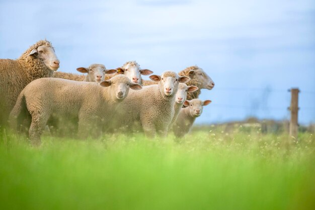 Foto un grupo de ovejas curiosas de pie en la granja