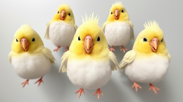 Un grupo de pájaros amarillos con plumas amarillas y pico amarillo.
