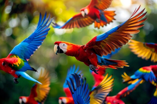 Un grupo de pájaros coloridos están volando en formación con uno volando