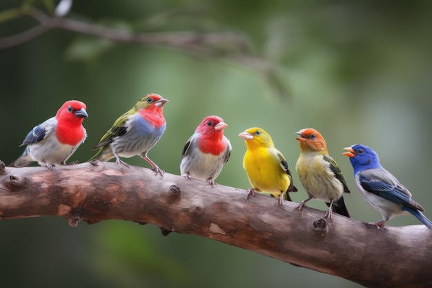 Grupo de pájaros coloridos posados en el canto de la rama de un árbol creado con ai generativo