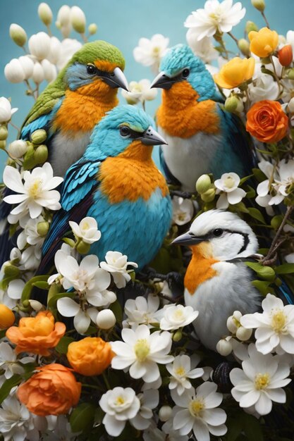 un grupo de pájaros coloridos en una rama con hermosas flores