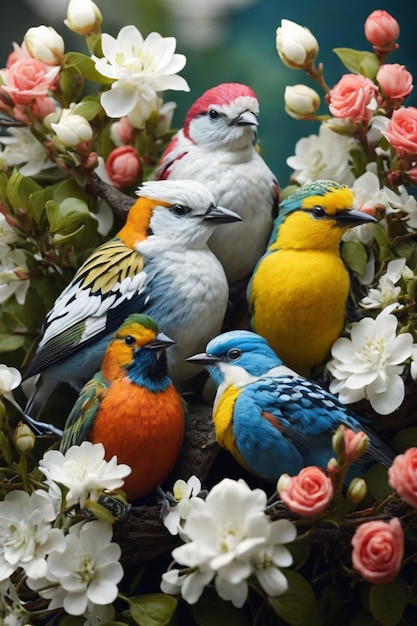 un grupo de pájaros coloridos en una rama con hermosas flores