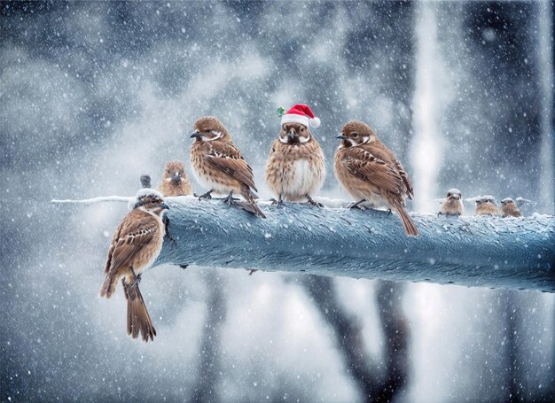 Foto un grupo de pájaros están en una rama con un sombrero de santa en él