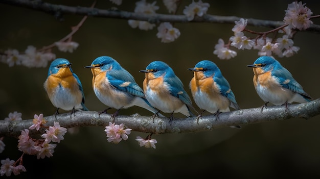 Un grupo de pájaros se sienta en una rama con flores de cerezo al fondo.