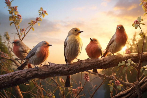 un grupo de pájaros se sienta en una rama con el sol detrás de ellos.