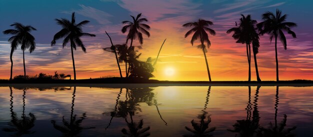 Foto un grupo de palmeras en silueta con el océano a lo largo del lago