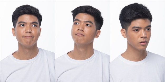 Grupo de paquete de collage de hombre adolescente asiático después de maquillaje peinado. Sin retoques, cara de moda, expresa muchos sentimientos y poses. Fondo blanco de iluminación de estudio aislado, vista trasera lateral trasera