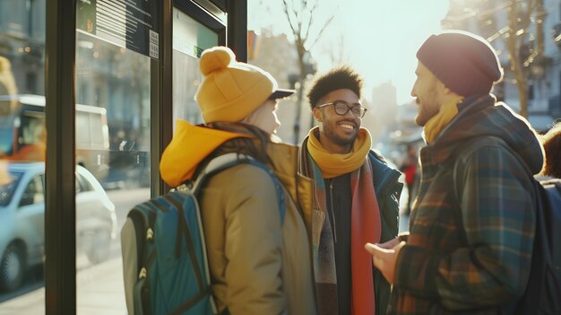 Foto un grupo de pasajeros en una conversación amistosa en una parada de autobús