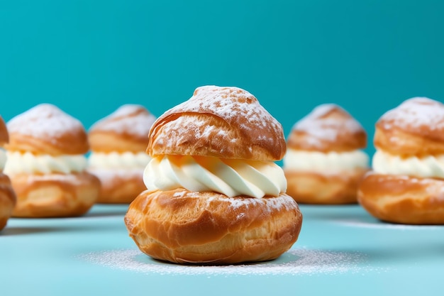 Un grupo de pasteles con crema en la parte superior