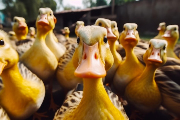 Grupo de patos amarillos sentados uno al lado del otro en la parte superior del campo IA generativa