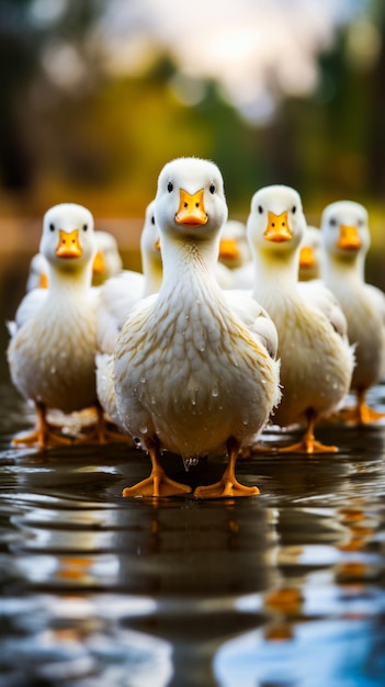 Grupo de patos blancos parados en un estanque de agua IA generativa