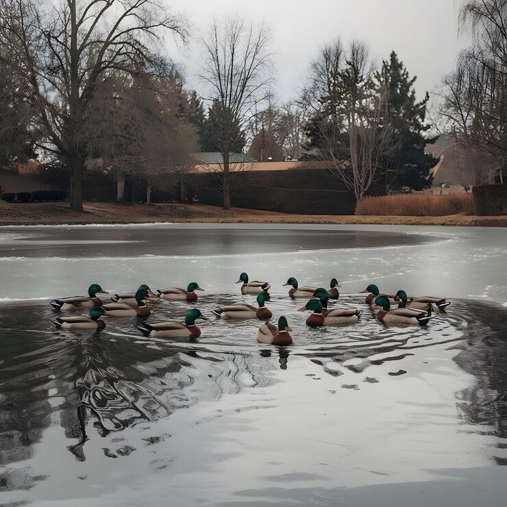 un grupo de patos están nadando en un estanque con hielo en el suelo