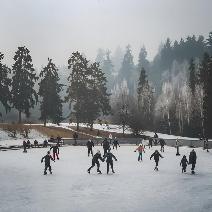 un grupo de patos están nadando en un estanque con hielo en el suelo