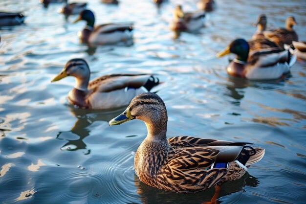 Un grupo de patos flotando en un lago